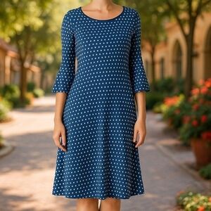 Star Vixen Bell Sleeve Dress Women MP Blue Polka Dot Retro Mod Shift Knee Length